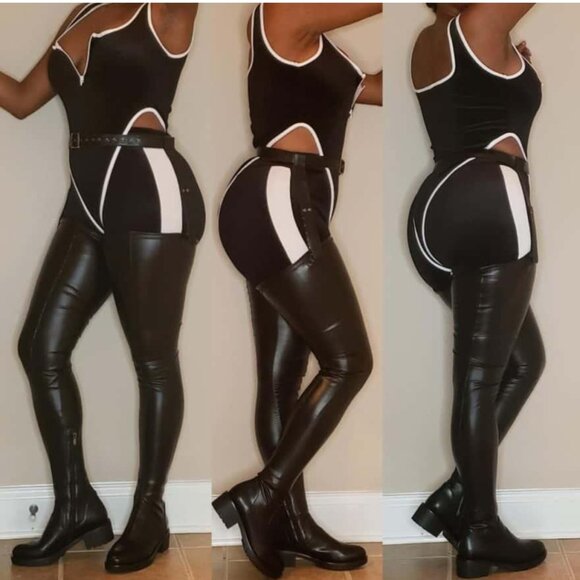 Thigh Belted Boots – Stretchy Flat Heel PU Material Plus Size Fashion Boots - Picture 1 of 6